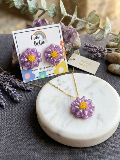 Sparkling Lilac Purple Flower Handmade Beaded Necklace + Earrings Set