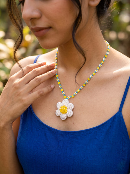 Spring Bloom Blue Yellow White Daisy Handmade Beaded Necklace