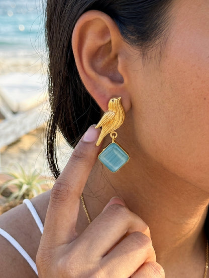 Hello Birdie Handmade Brass Earrings - Aqua Diamond