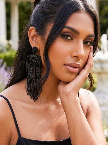 Luxe Midnight Black Handmade Beaded Tassel Earrings