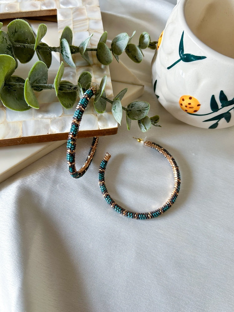 Golden Teal Fusion Hoop Handmade Beaded Earrings