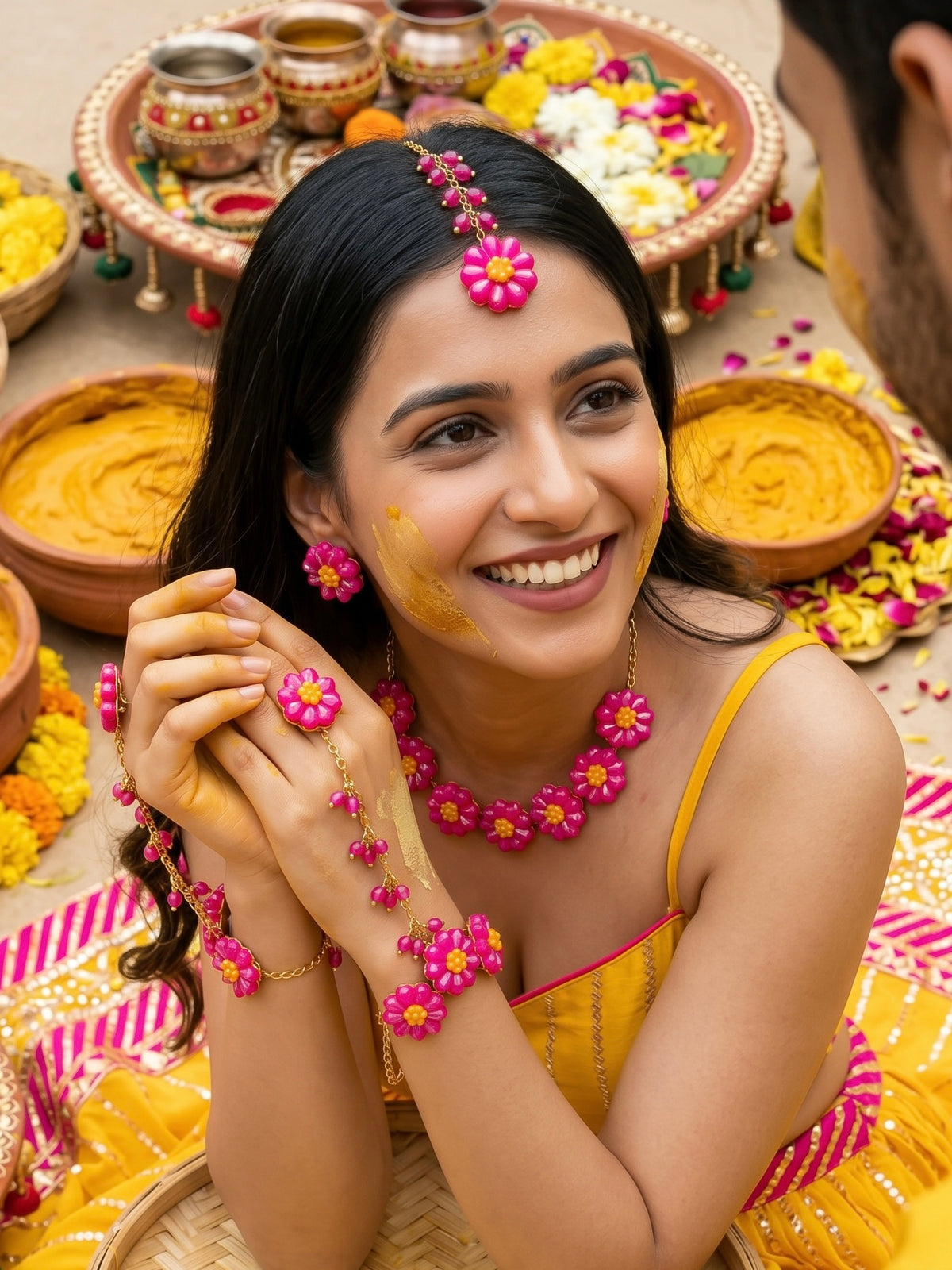 Sparkling Hot Pink Daisy Flower Handmade Beaded Haldi Jewellery Set (Necklace + Earrings + Hathphools + Maangtika)