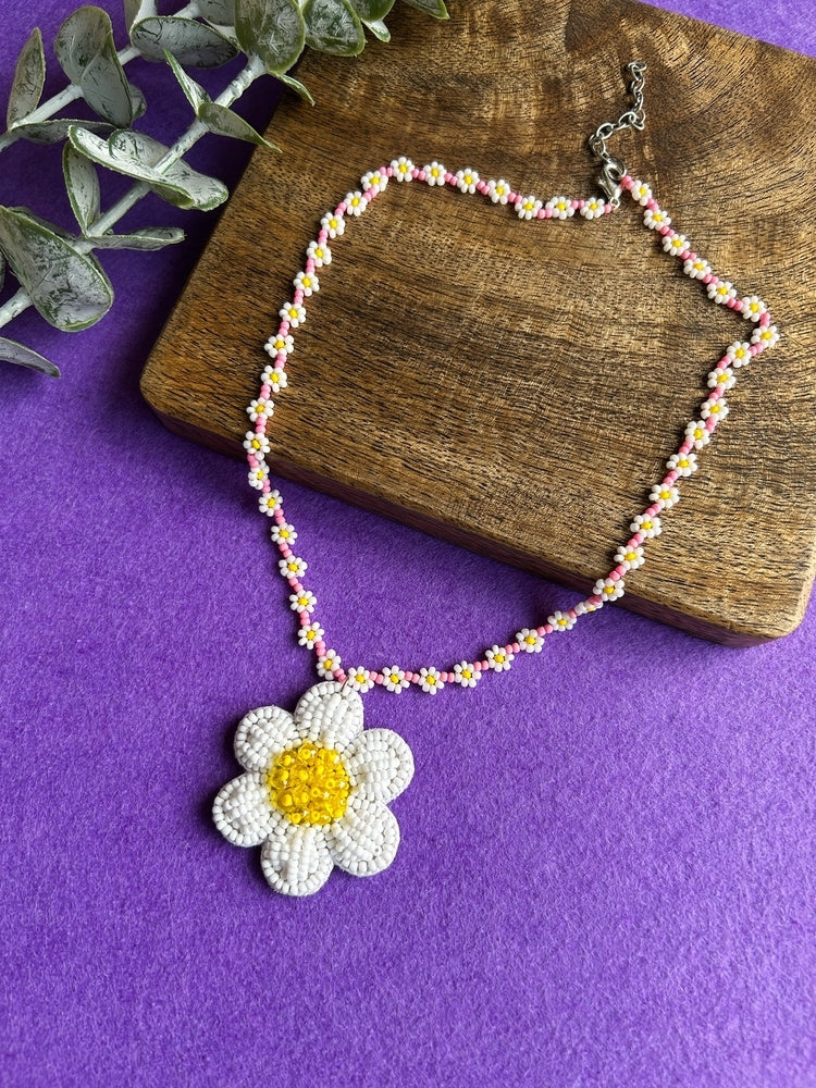 Spring Bloom Blush Pink Daisy Handmade Beaded Necklace