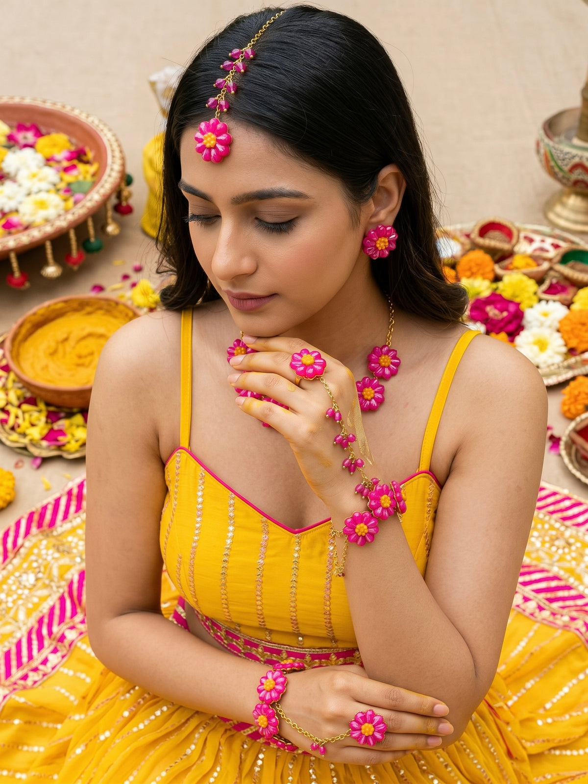 Sparkling Hot Pink Daisy Flower Handmade Beaded Haldi Jewellery Set (Necklace + Earrings + Hathphools + Maangtika)