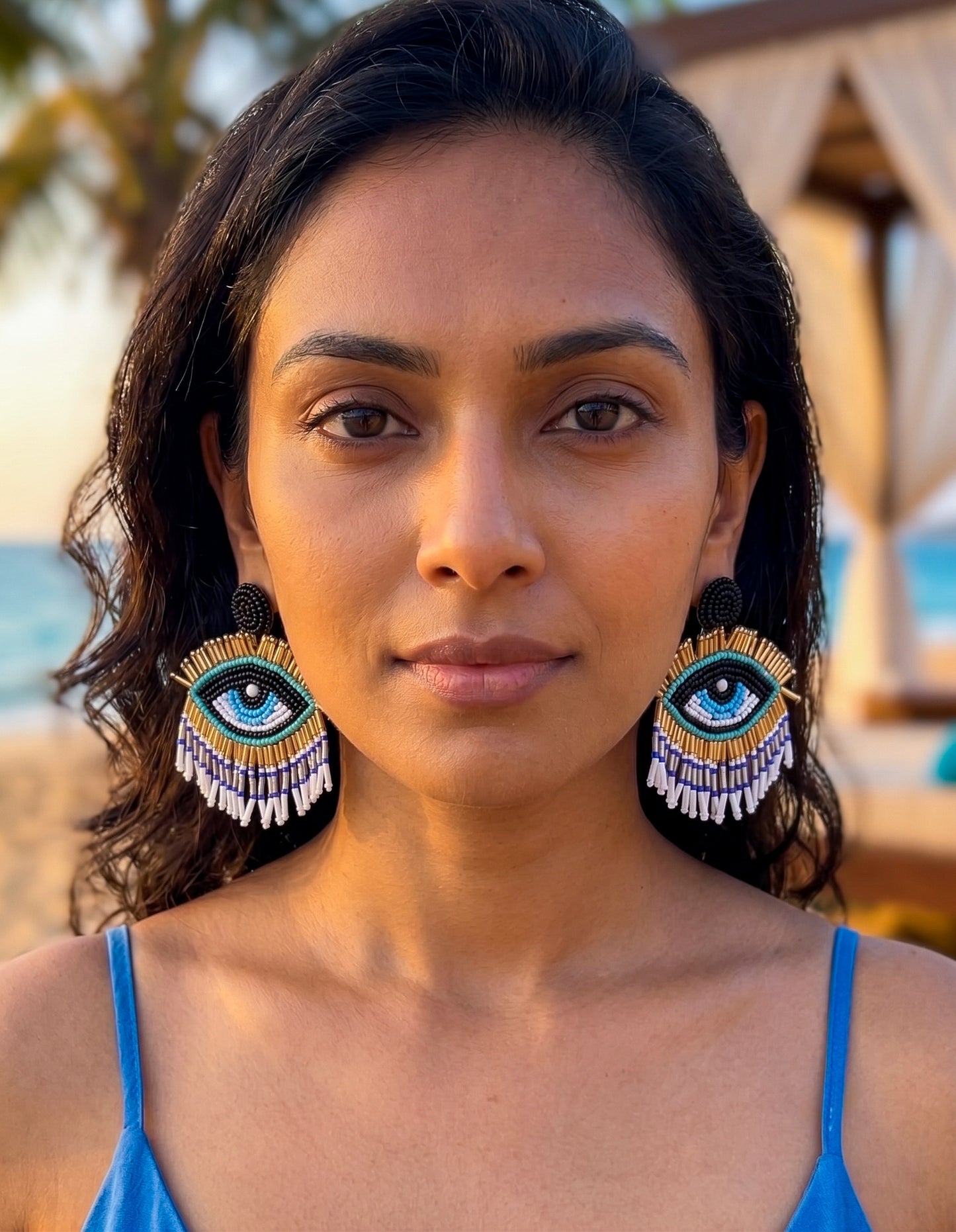 Blue Evil Eye Elegance Handmade Beaded Earrings