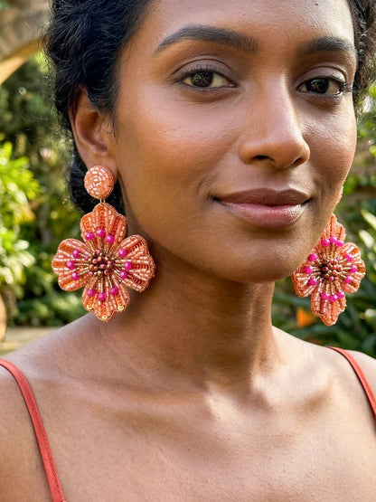 Sunset Orange Glow Flower Handmade Beaded Earrings