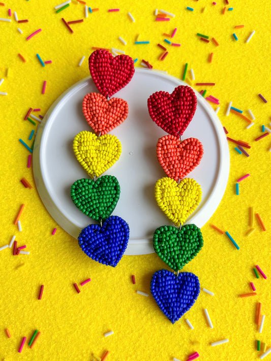 Rainbow Love Drops Handmade Beaded Heart Earrings