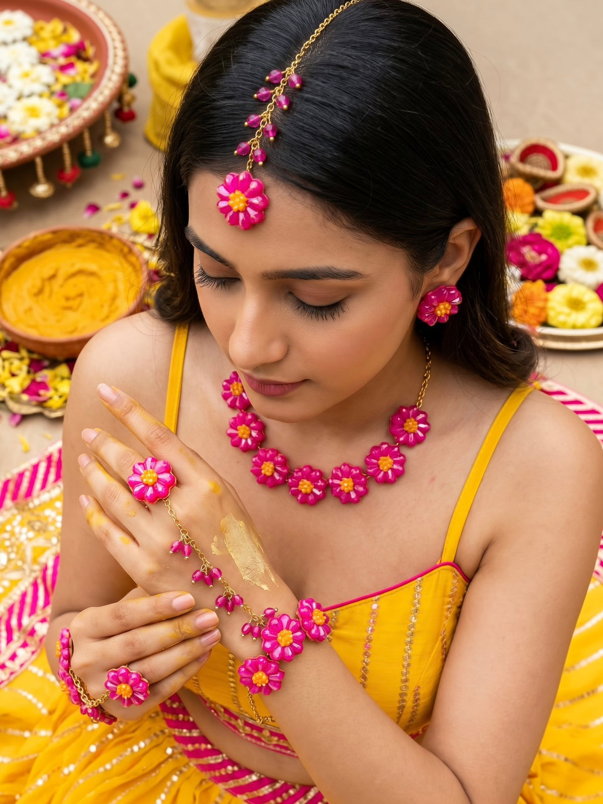 Sparkling Hot Pink Daisy Flower Handmade Beaded Haldi Jewellery Set (Necklace + Earrings + Hathphools + Maangtika)