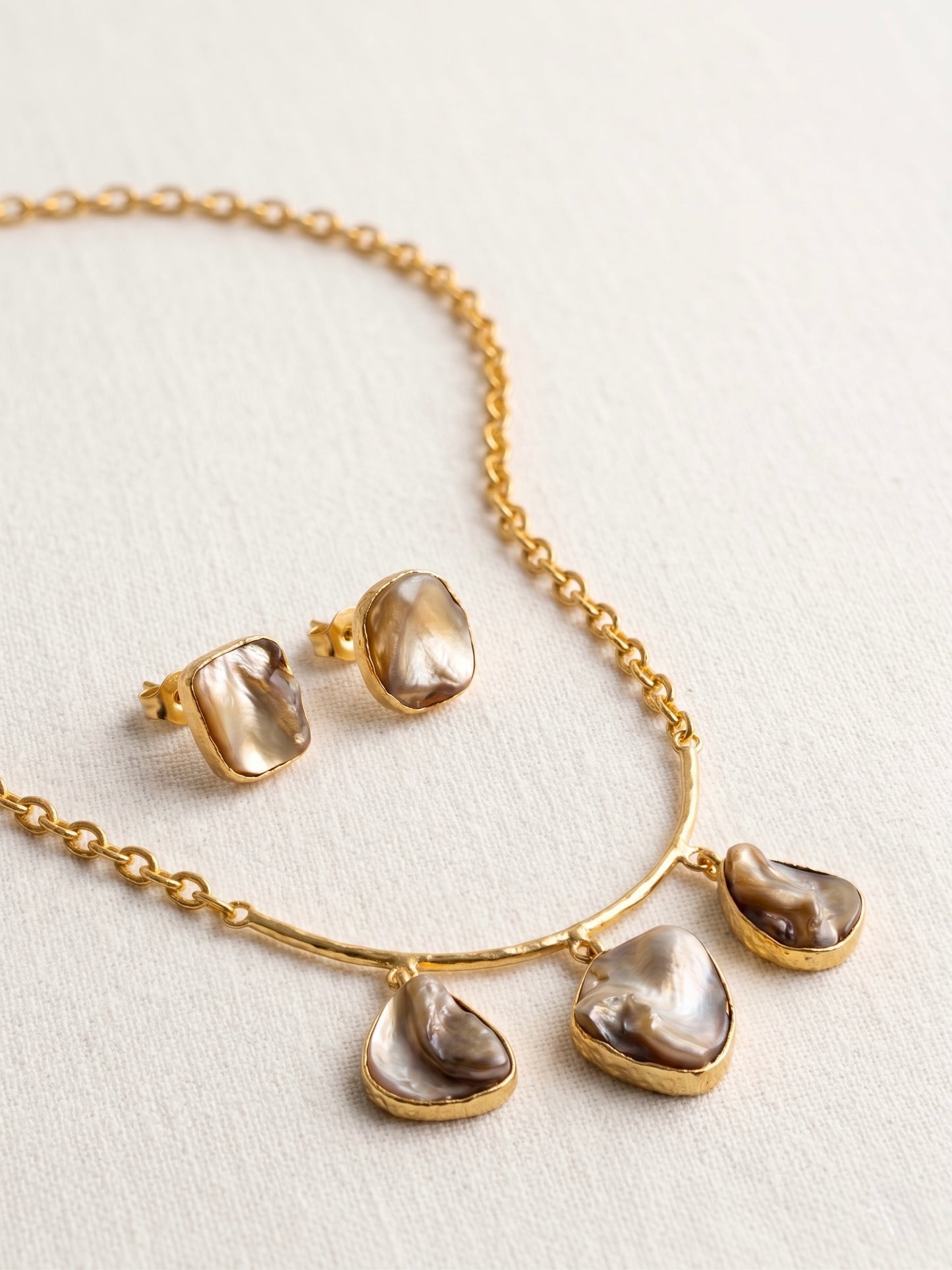 Celestial Mother of Pearl Handmade Brass Necklace + Stud Earrings Set