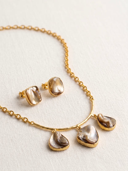 Celestial Mother of Pearl Handmade Brass Necklace + Stud Earrings Set