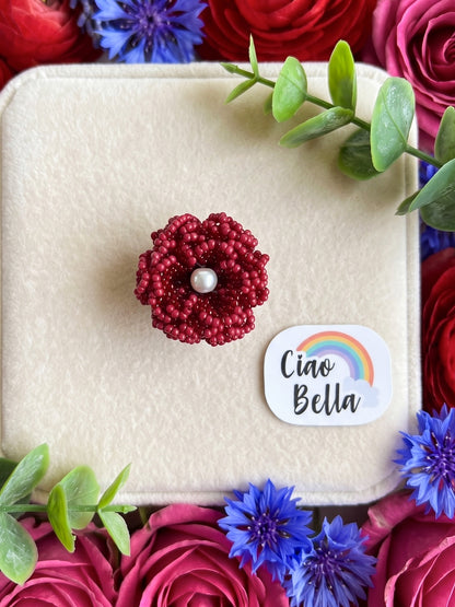 Crochet Deep Red 3D Rose Flower Handmade Beaded Ring