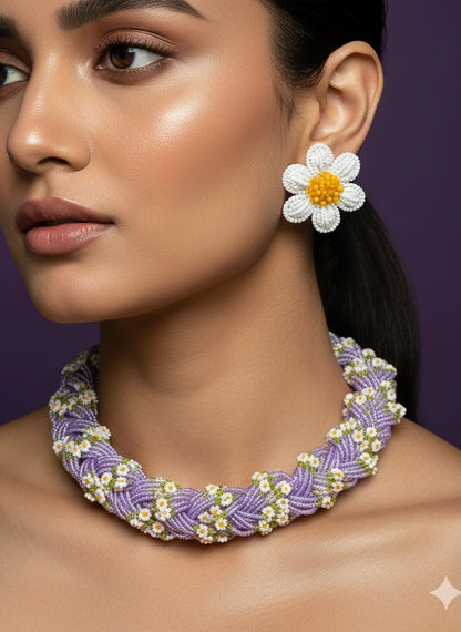 Luxe Flora Lilac Handmade Beaded Necklace + Earrings Set