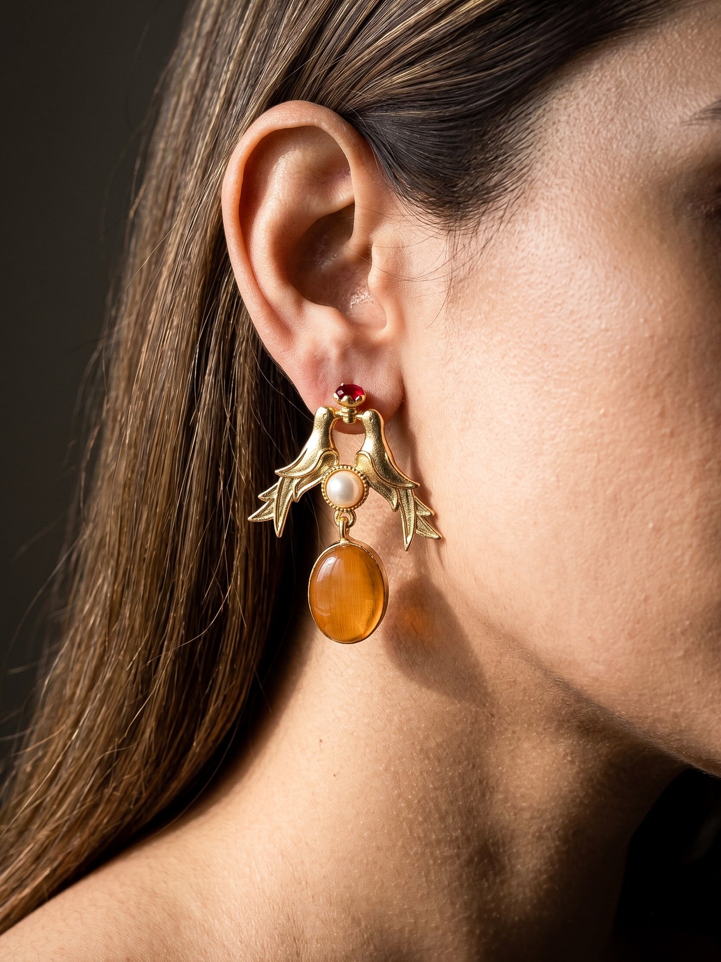 Love Birds Light Orange Monalisa Stone Handmade Brass Earrings