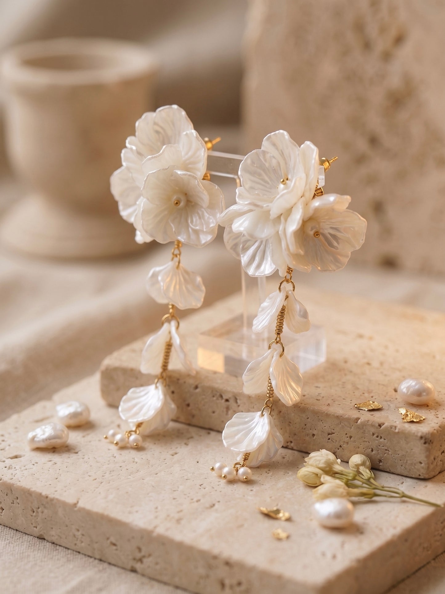 Aurelia Flower Pearl White Statement Handmade Beaded Earrings