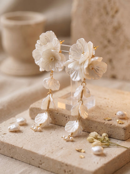 Aurelia Flower Pearl White Statement Handmade Beaded Earrings