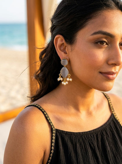 Gem Drop – Grey Handmade Brass Earrings