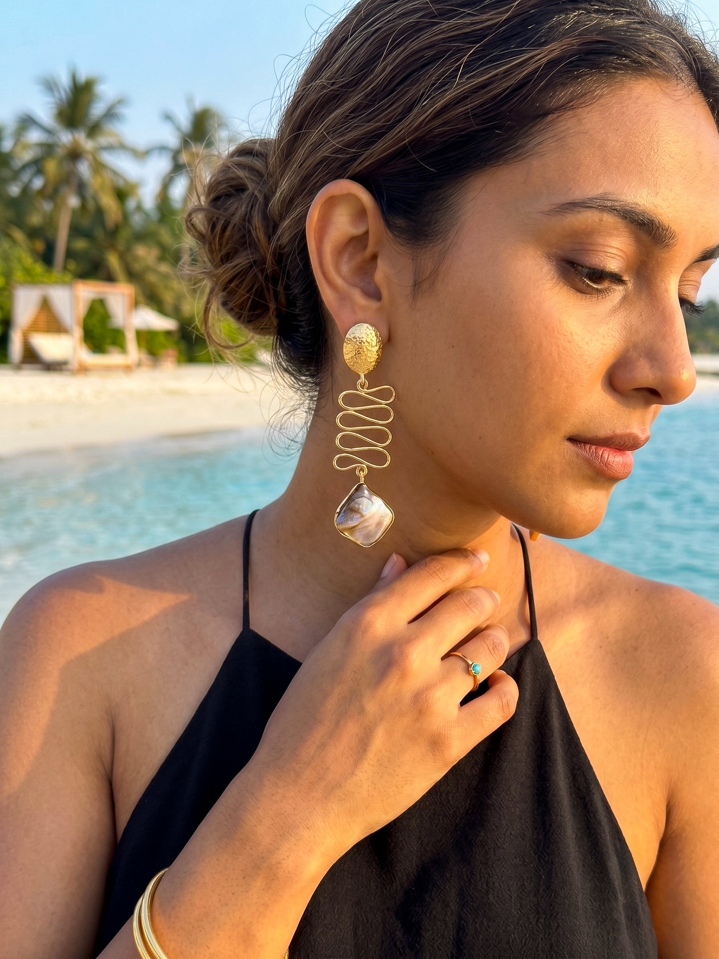 Wavy Mother of Pearl Drop Handmade Brass Earrings