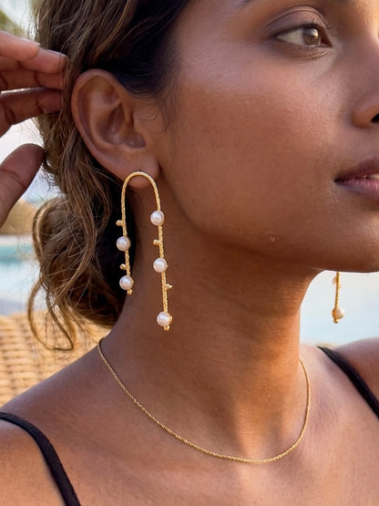 Celestial Arc Pearl Handmade Brass Earrings