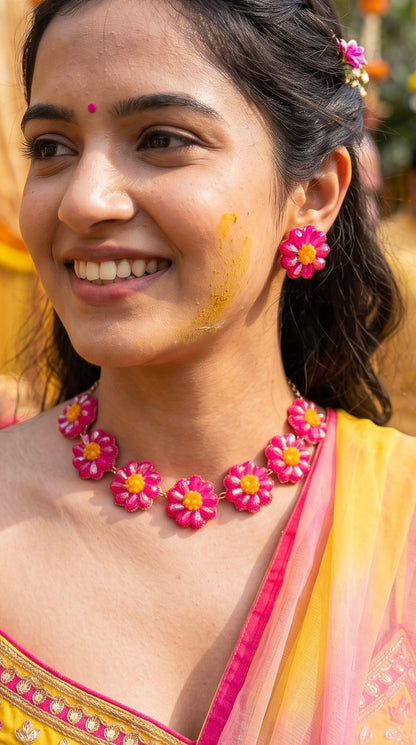 Sparkling Hot Pink Daisy Flower Handmade Beaded Necklace + Earrings Set