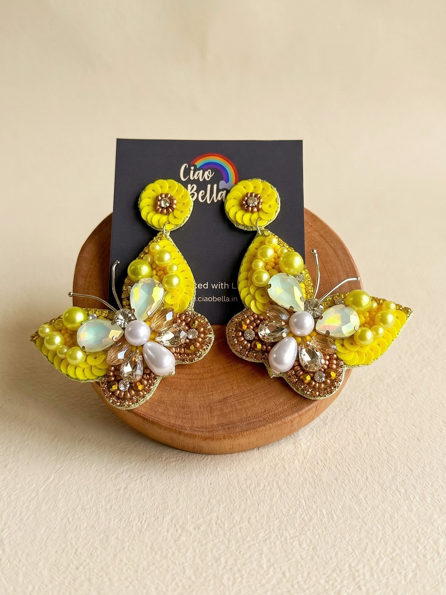 Luxe Crystal Yellow Handmade Beaded Butterfly Earrings