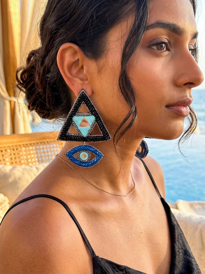 Electric Black & Blue Evil Eye Handmade Beaded Earrings