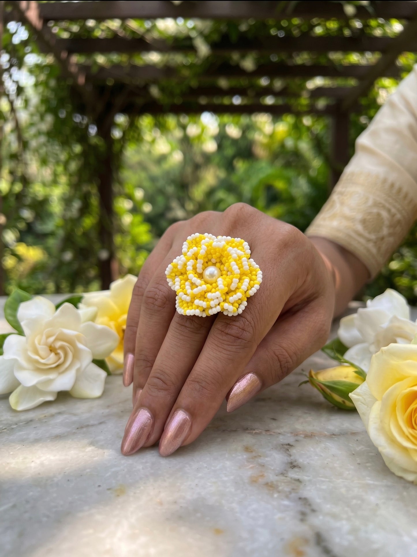 Crochet Yellow White 3D Rose Flower Handmade Beaded Ring