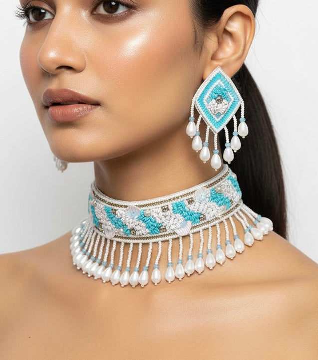 Aqua Blue Handmade Beaded Choker Set