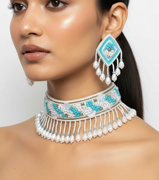 Aqua Blue Handmade Beaded Choker Set