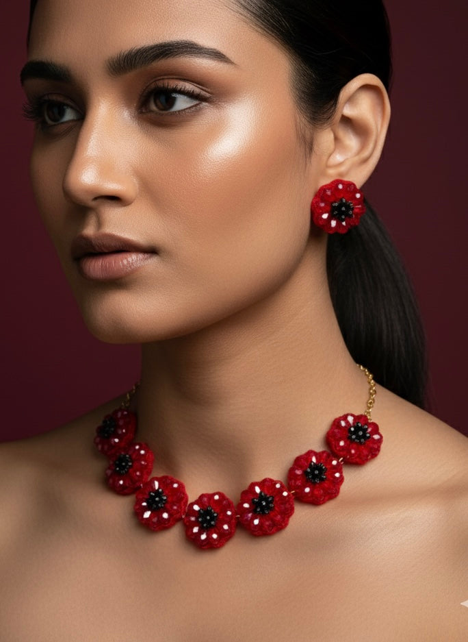 Sparkling Red Daisy Handmade Beaded Necklace + Earrings Set