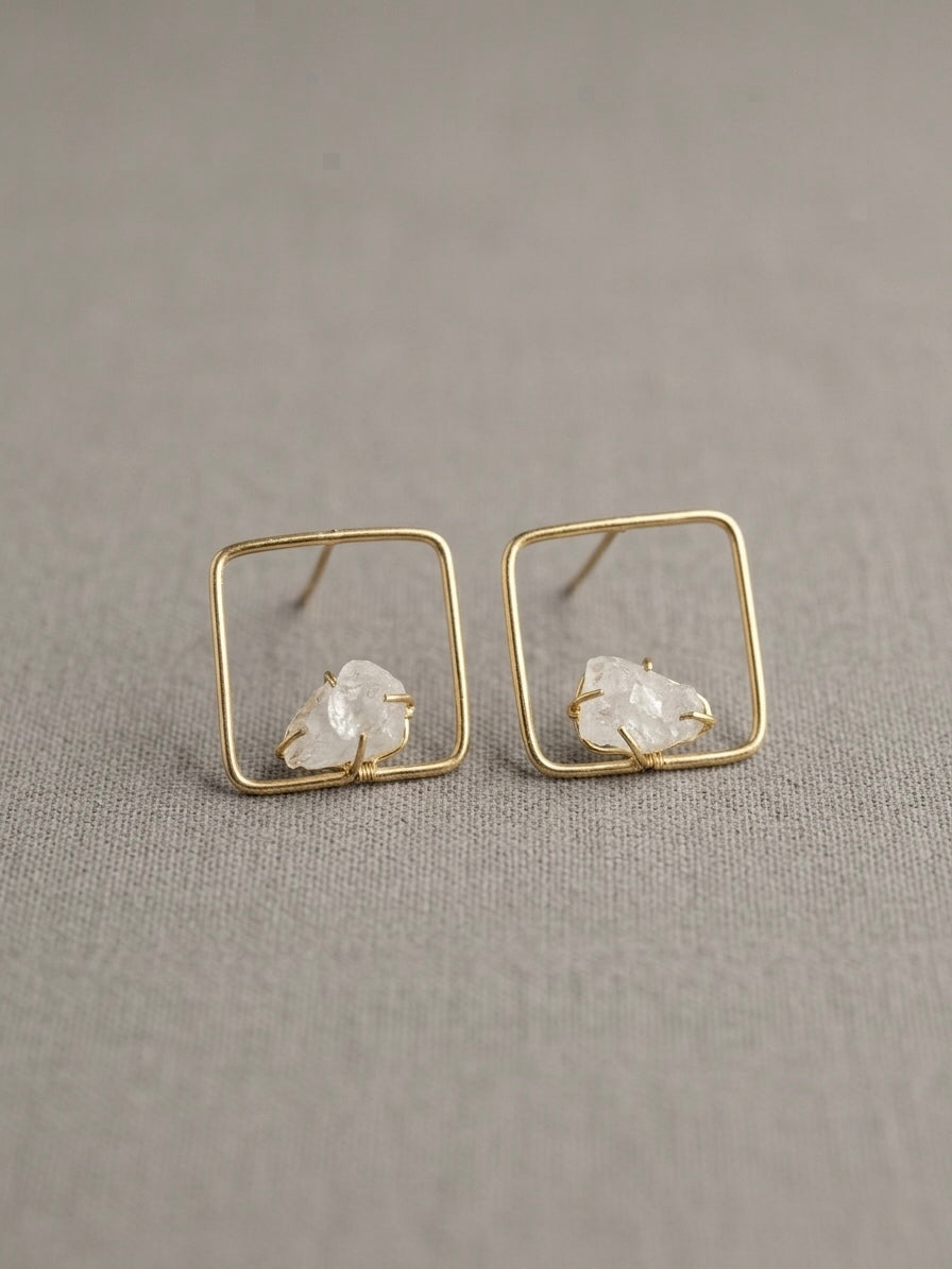 Sera – White Square Handmade Brass Earrings