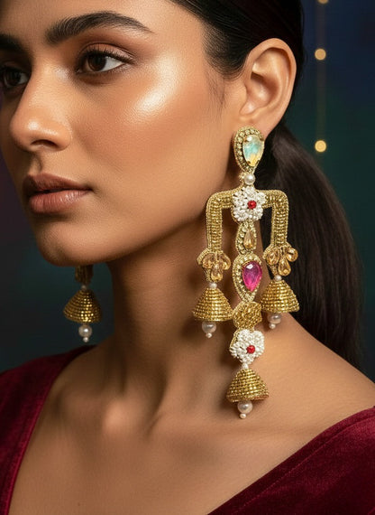 Rajwada Yellow Pink Danglers Handmade Beaded Statement Earrings