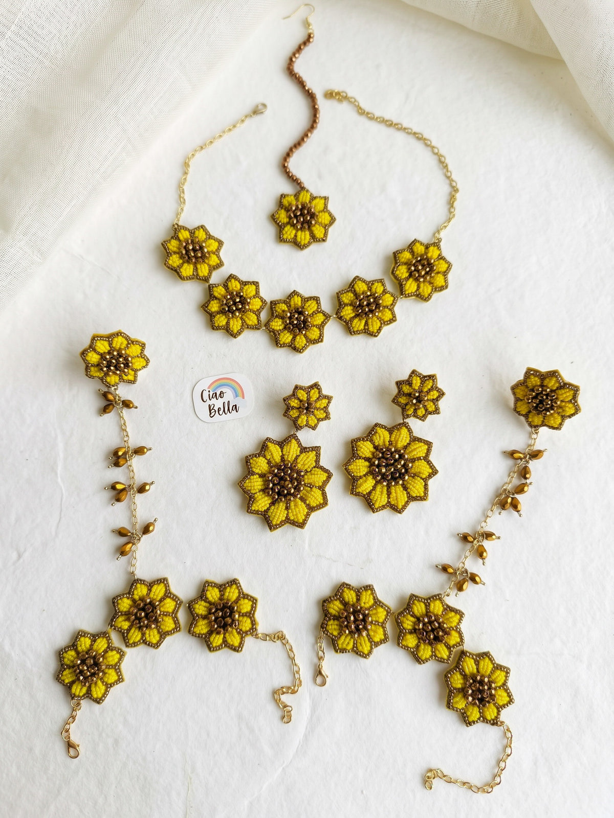 Sunflower Handmade Beaded Haldi Jewellery Set (Necklace + Earrings + Hathphools + Maangtika)