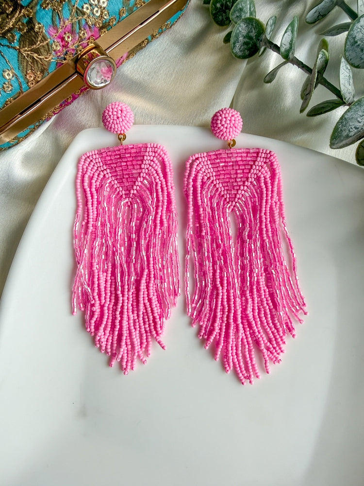 Luxe Blush Pink Handmade Beaded Tassel Earrings