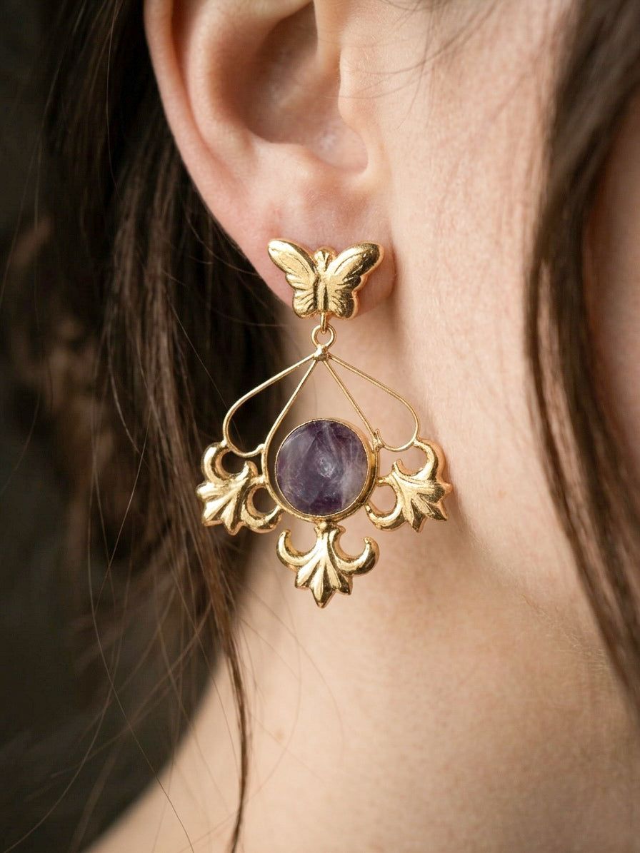 Elowen Butterfly Drops Lilac Handmade Brass Earrings