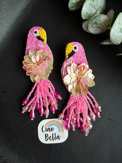 Luxe Paradise Pink Parrot Handmade Beaded Bird Earrings