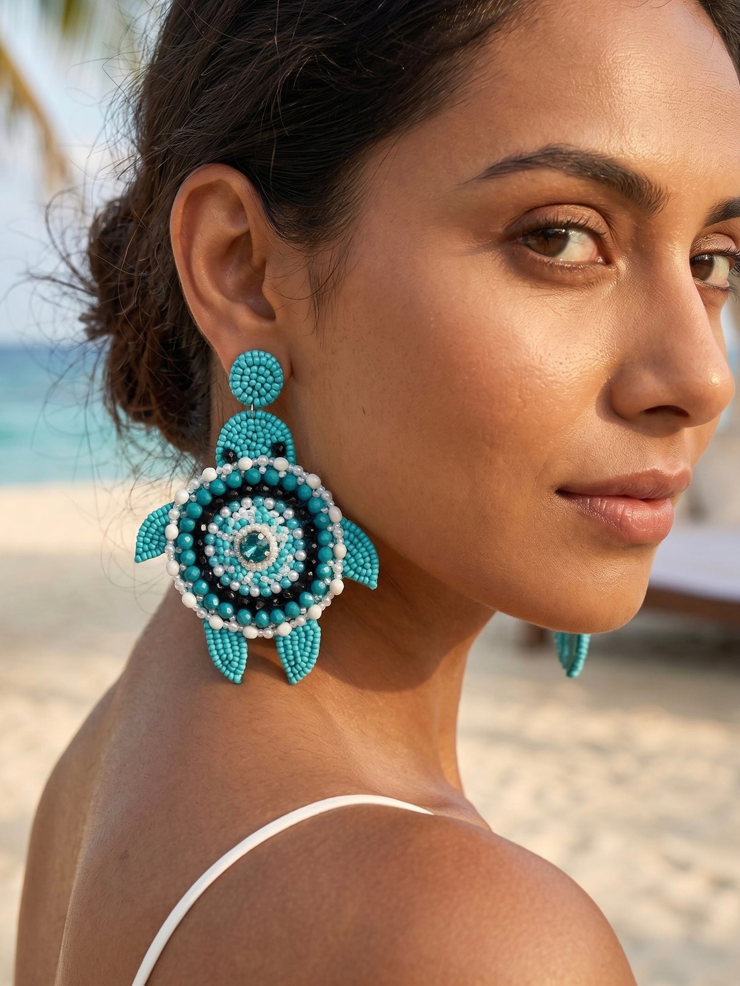 Oceanic Turquoise Teal Blue Turtle Handmade Beaded Earrings