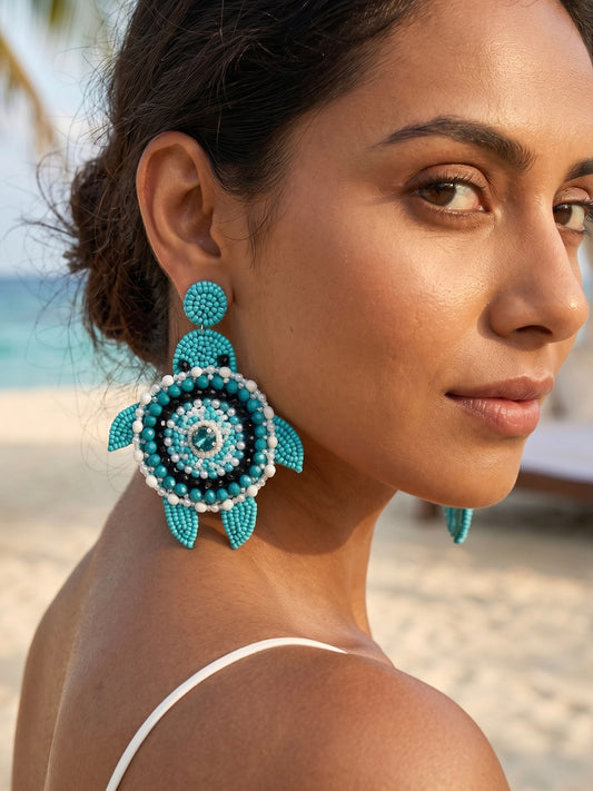 Oceanic Turquoise Teal Blue Turtle Handmade Beaded Earrings
