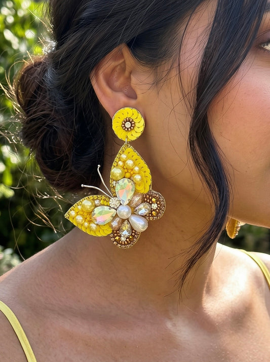 Luxe Crystal Yellow Handmade Beaded Butterfly Earrings