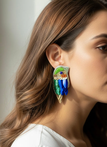 Chirpy Forest Green Blue Parrot Handmade Beaded Bird Earrings