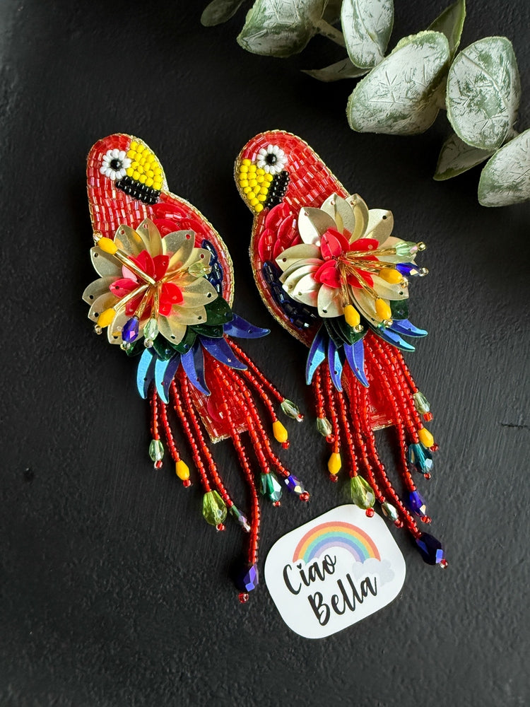 Luxe Paradise Red Parrot Handmade Beaded Bird Earrings