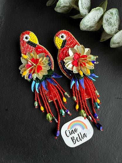 Luxe Paradise Red Parrot Handmade Beaded Bird Earrings