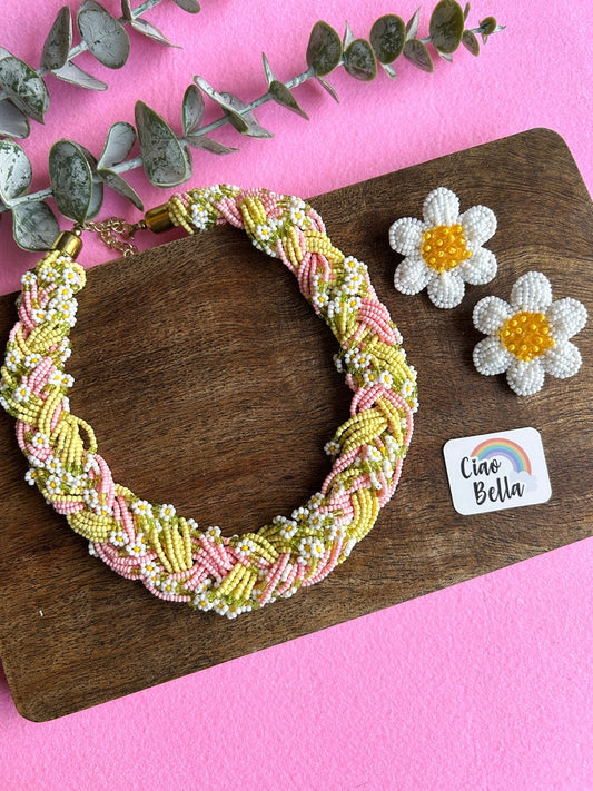 Luxe Flora Pink Yellow Handmade Beaded Necklace + Earrings Set