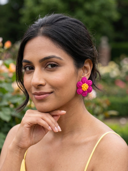 Pink Daisy Stud Handmade Beaded Flower Earrings