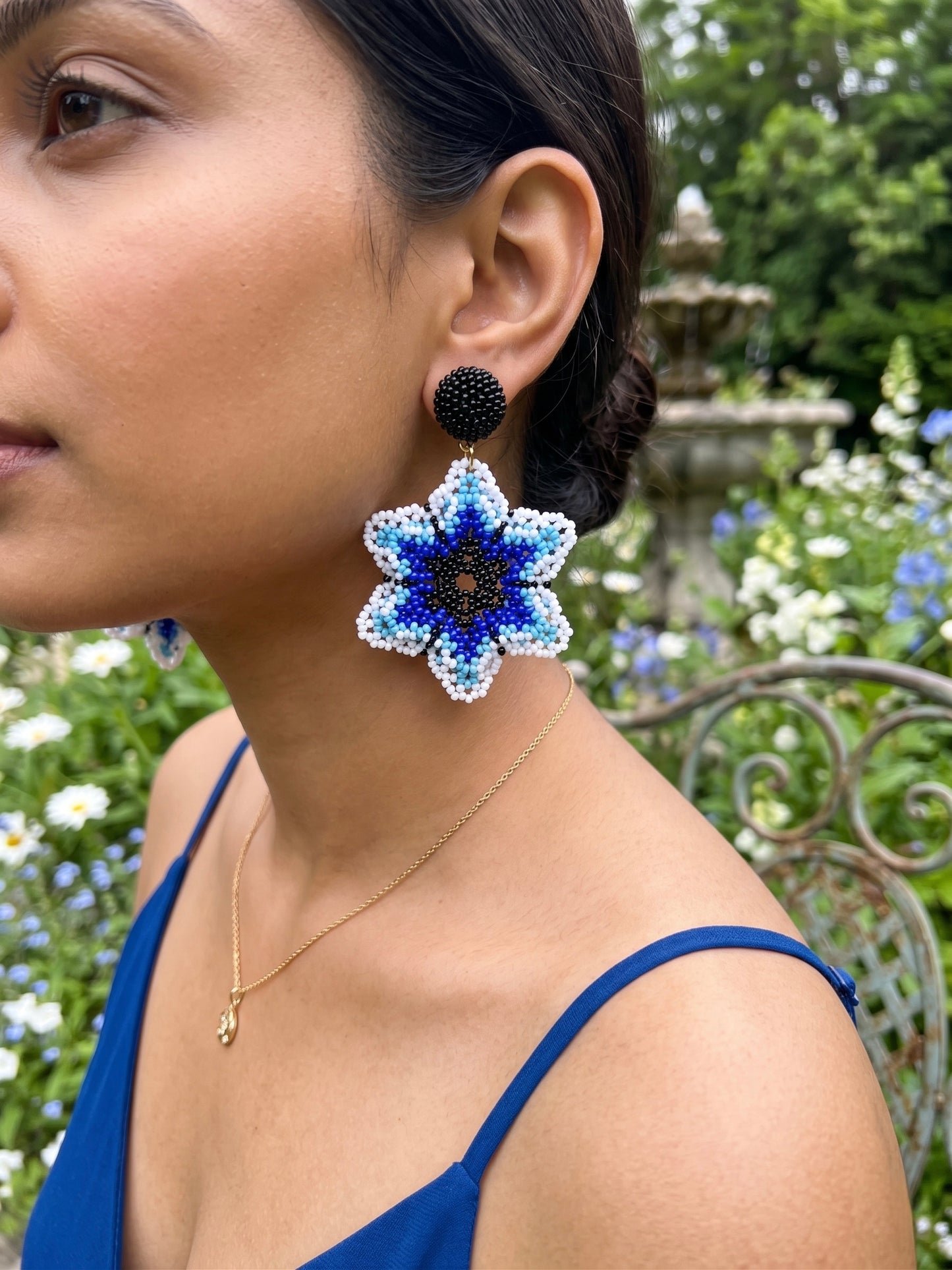 Blossoming Blue Flower Handmade Beaded Earrings