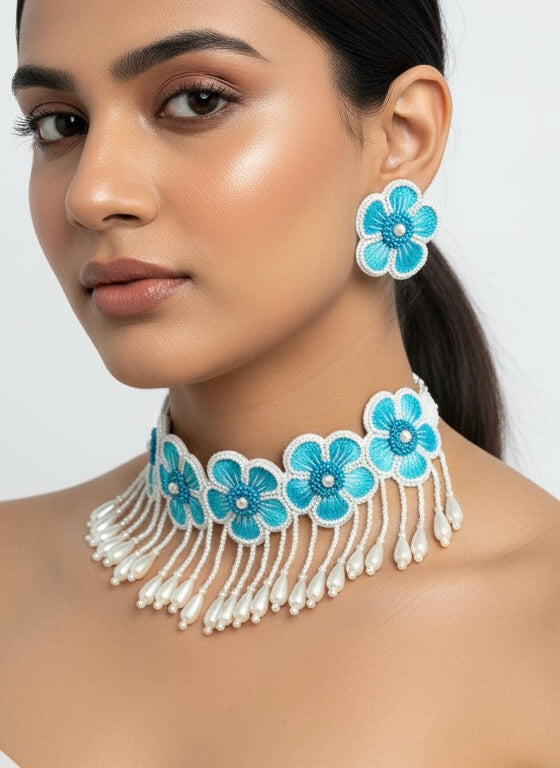 Cool Blue Blossom Handmade Choker Necklace + Earrings Set
