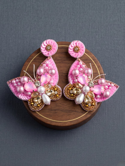 Luxe Crystal Light Rose Pink Handmade Beaded Butterfly Earrings