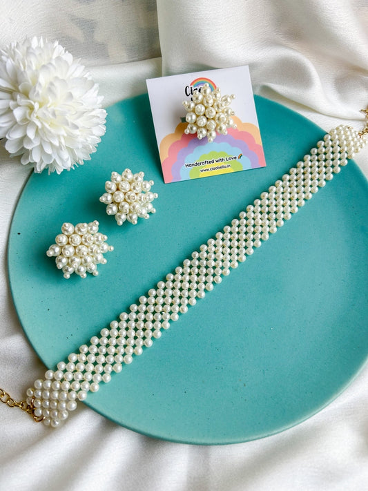 Ira Pearl Handmade Choker Necklace + Earrings + Ring Set