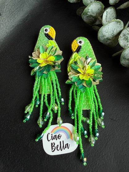 Luxe Paradise Green Parrot Earrings Handmade Beaded Bird Earrings