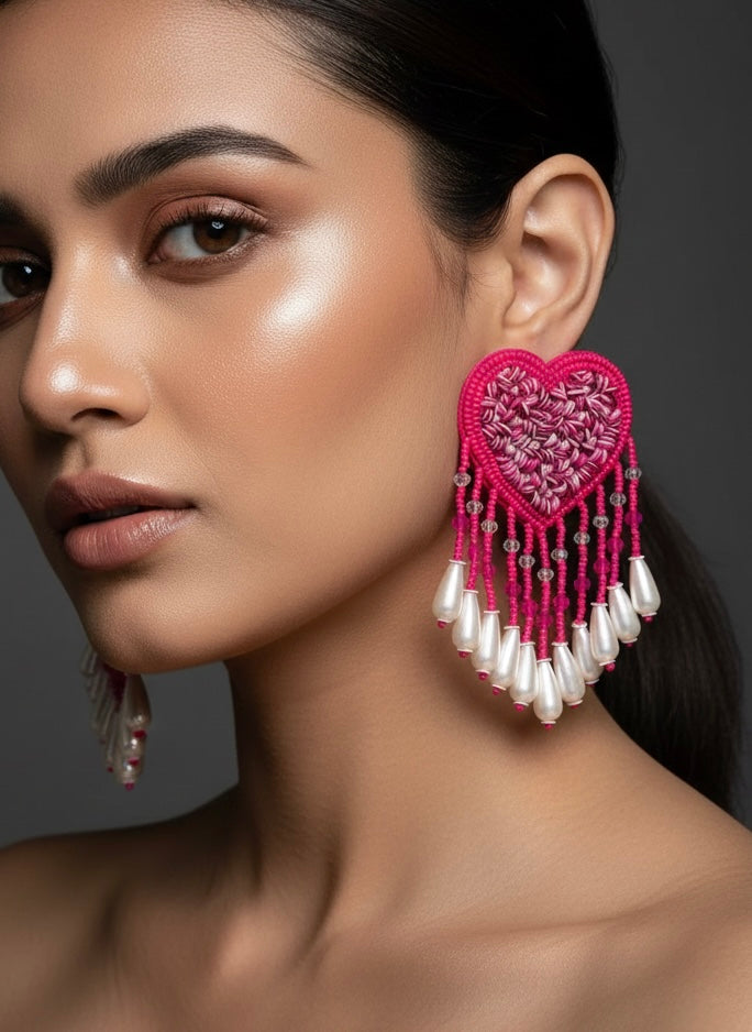Hot Pink Heart Drop Handmade Beaded Tassel Earrings
