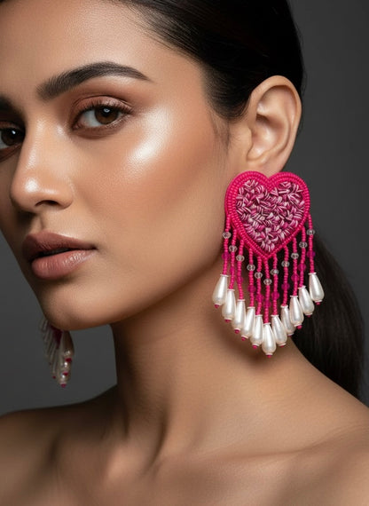 Hot Pink Heart Drop Handmade Beaded Tassel Earrings